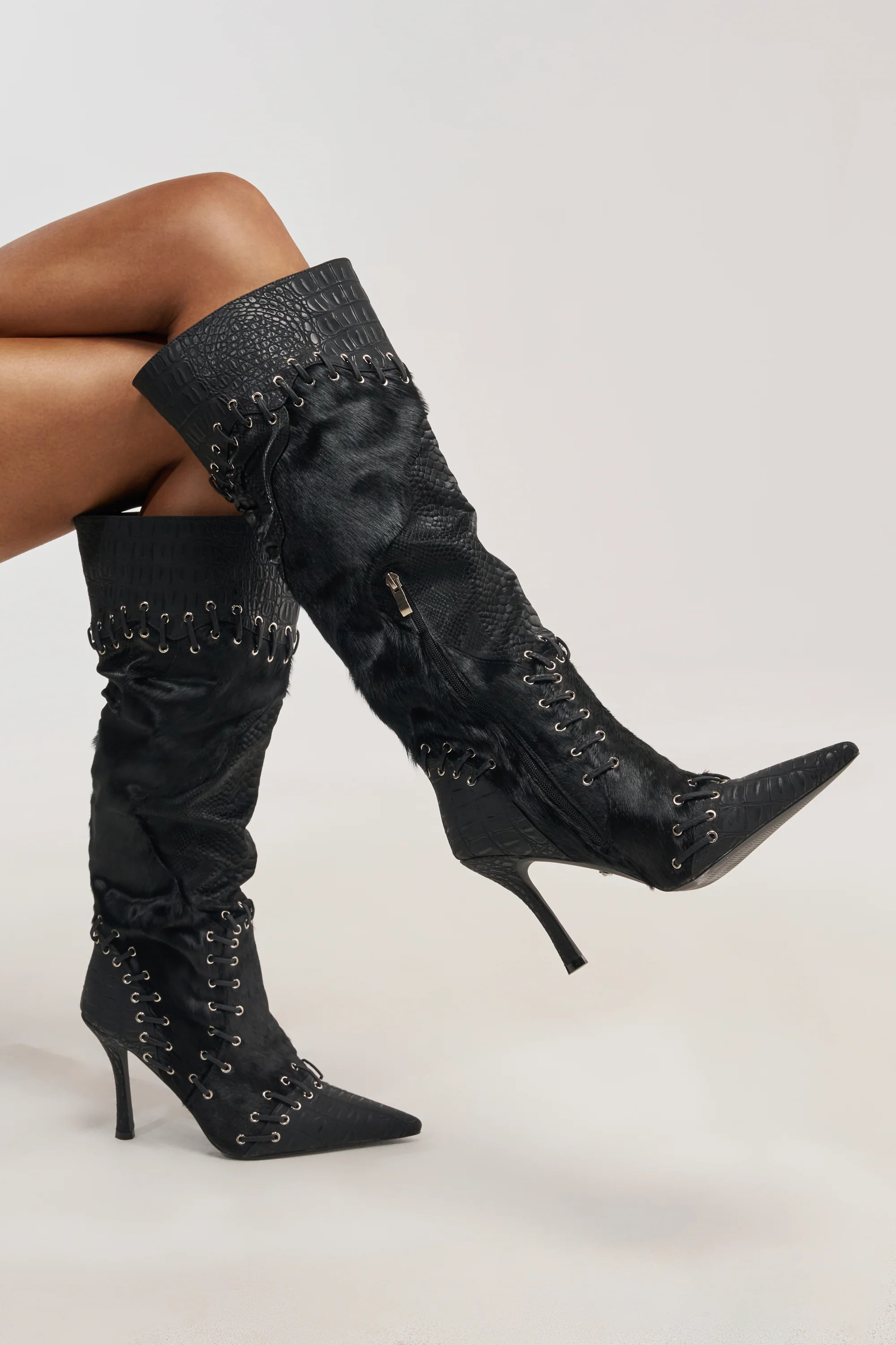 Black Pony Hair Lace-Up Stiletto Boot | AKIRA | AKIRA