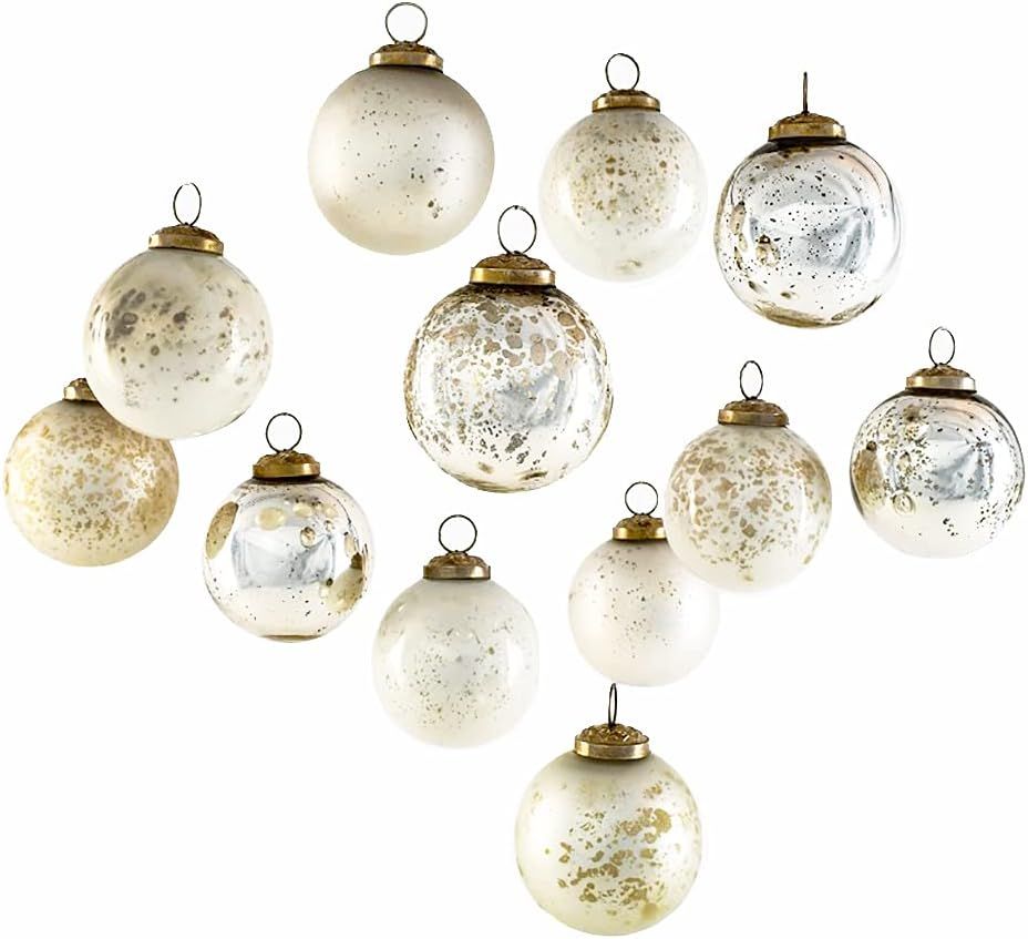 Serene Spaces Living 12pcs Vintage Style White & Silver Mercury Glass Ornament Set for Christmas ... | Amazon (US)