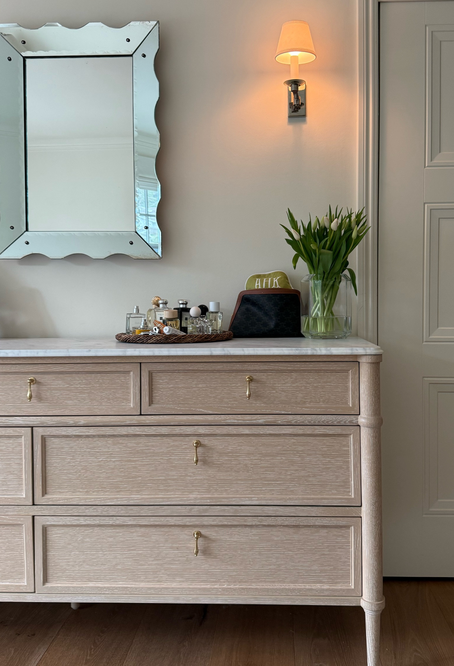 Dresser (and matching nightstands) - but I always switch out furniture hardware for ones I love more. A nice way to customize a piece perfectly to your liking! I do this with every light I buy lampshade too…
