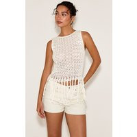 Cream Crochet Boat Neck Fringe Top | PrettyLittleThing US