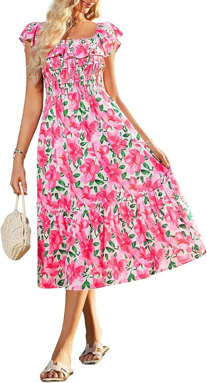 GRACE KARIN Women's Off Shoulder Floral Summer Ruffle Midi Sleeveless Boho Smocked Flowy Aline Dr... | Amazon (US)