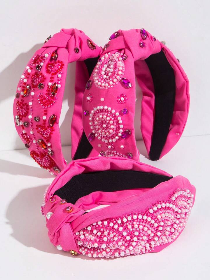 1 st. Nieuwe Fuchsia Stoffen Brede Twist Hoofdband voor Dames, Handgemaakte Kristallen Kralen Har... | SHEIN