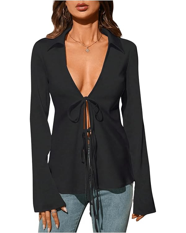 SHENHE Women's Deep V Neck Long Sleeve Open Front Tie Up Collared Sexy Blouse Shirt Top | Amazon (US)