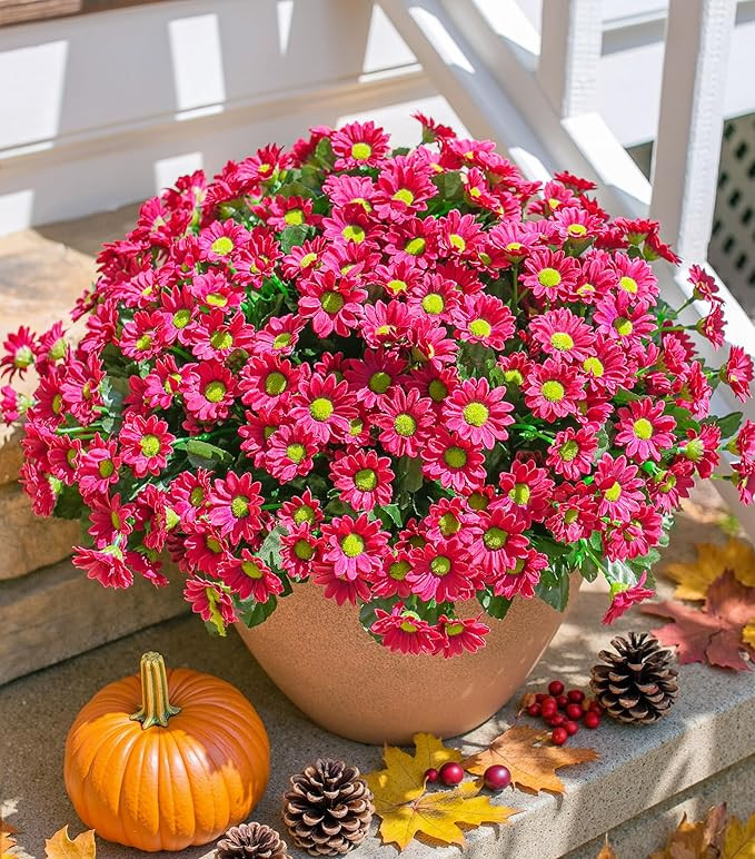 Daisy Artificial Flowers for Outdoors Fall Autumn Decoration, 6 Bundles Fake Mums Dark Red Silk F... | Amazon (US)