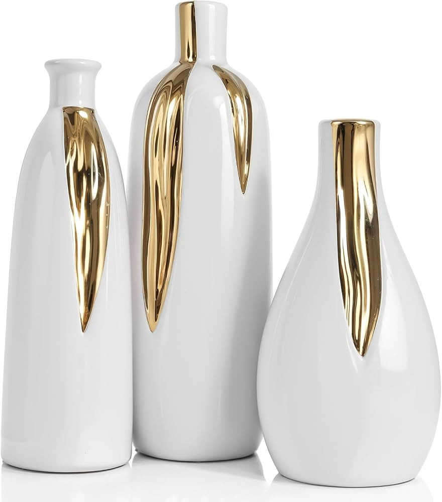 White and Gold Vase Set of 3, Modern Ceramic Decorative Vases for Living Room, Bedroom, Art Decor... | Amazon (US)