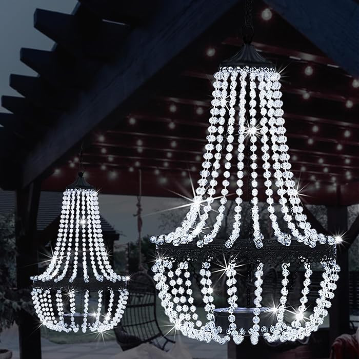 Hanging Solar Chandelier Outdoor, 30 Cool White Lights Acrylic Clear Beaded Chandelier with S Hoo... | Amazon (US)