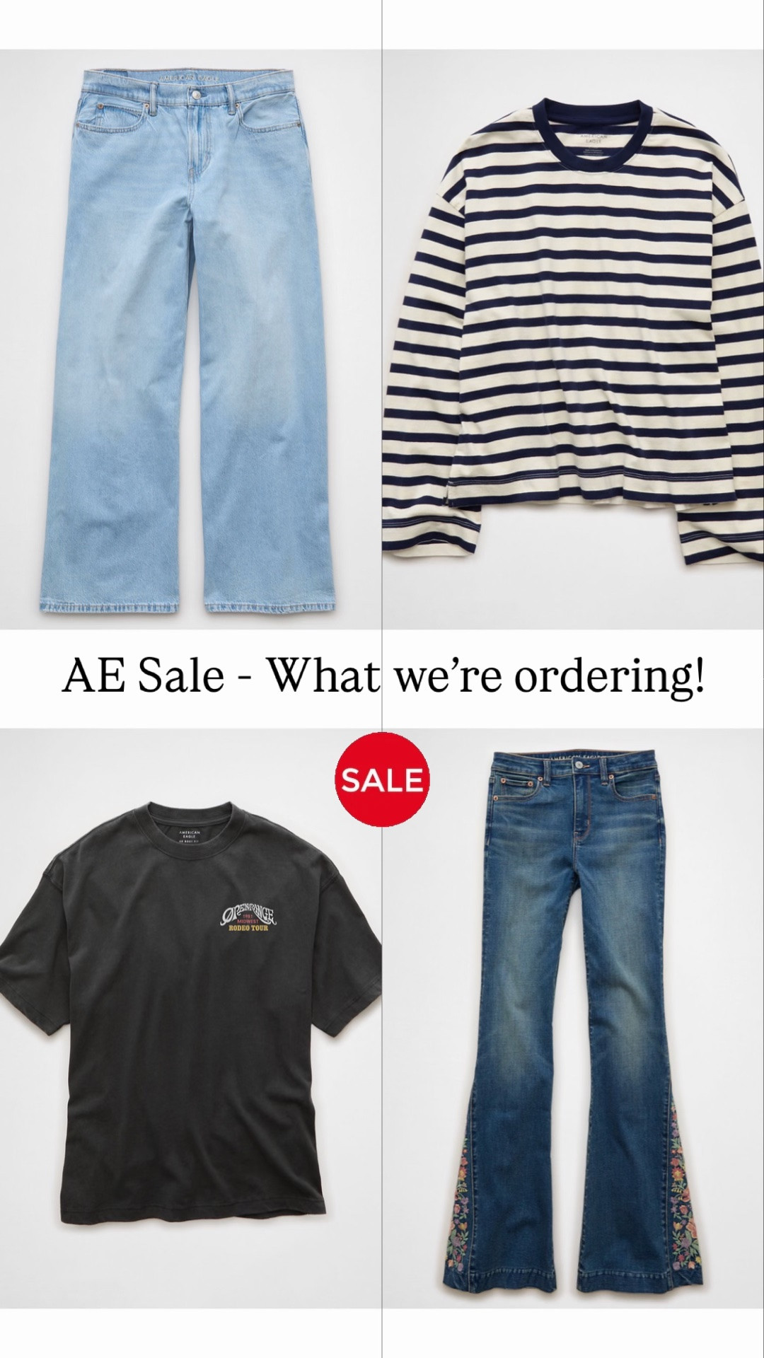 What we’re ordering from the @ae sale! Layla and I have been loving their jeans lately, and the boys are huge fans of their boxy tees. So many cute things on sale! ￼ the boys typically order a medium or a medium tall shirt and I usually get a size 14 Jean ￼

#LTKmomlife #LTKSaleAlert #LTKMidsize