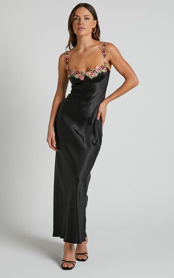 Harmony Midi Dress - Floral Detail Cup Bust Satin Dress in Black | Showpo (US, UK & Europe)