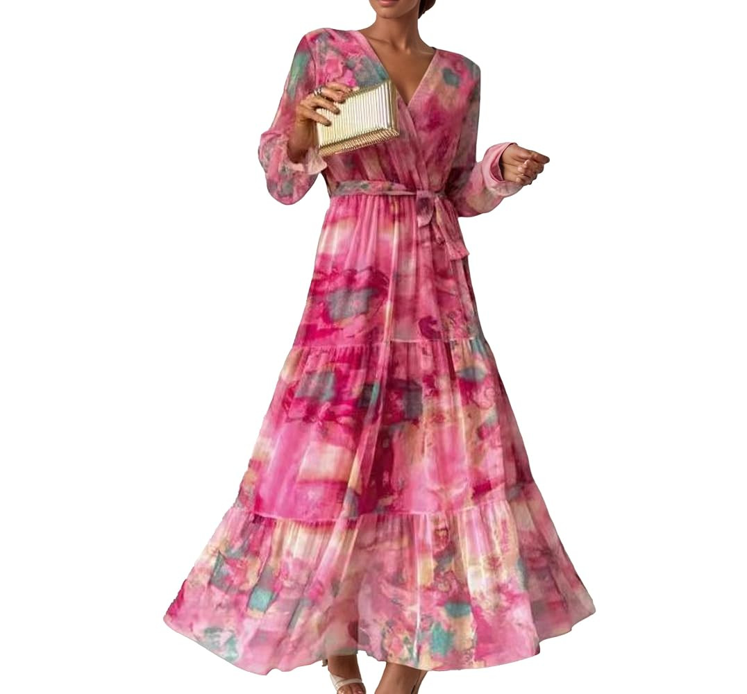 Wedding Guest Dresses for Women Chiffon Long Sleeve Maxi Dress with Belt Floral Tiered Flowy Long... | Amazon (US)
