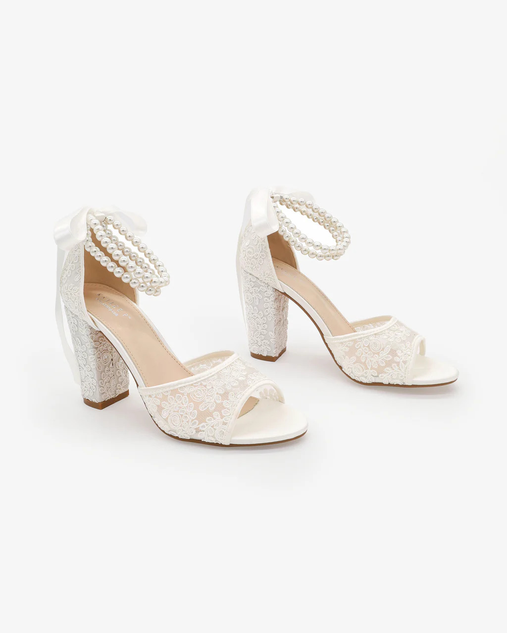 Crochet Lace Block Heel Sandals with Double Pearls Ankle Strap | Kailee P.