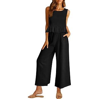 AUTOMET Women's Summer 2 Piece Outfits Linen Crop Tank Top Lounge Matching Sets & Long Pants Trac... | Amazon (US)