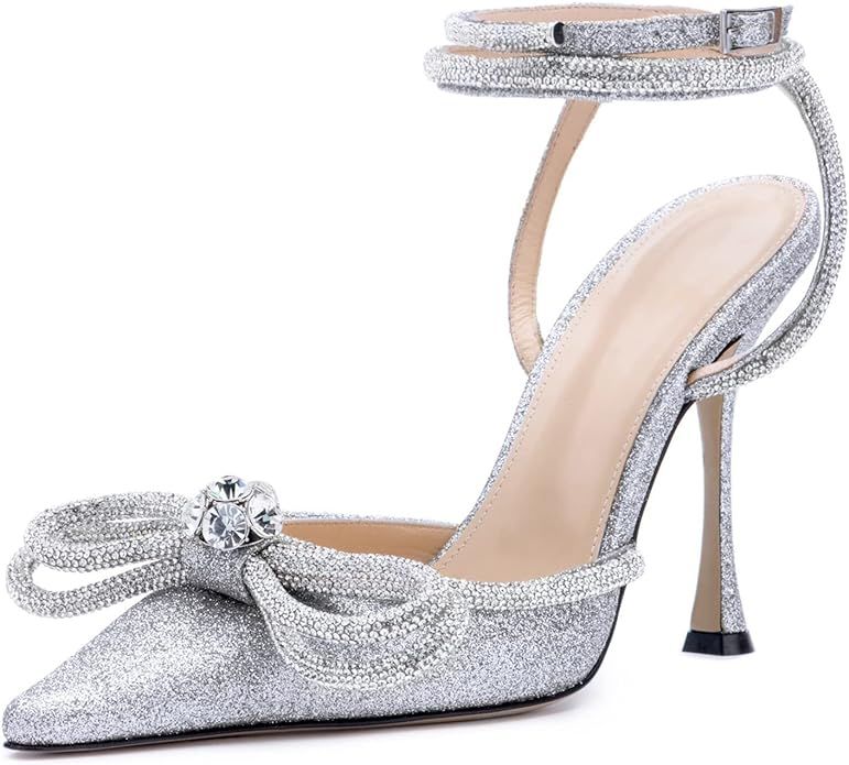 JiaBinji Women High Heeled Sandals Sparkly Crystal Rhinestones Bow Glitter Sandals Pointed Toe St... | Amazon (US)