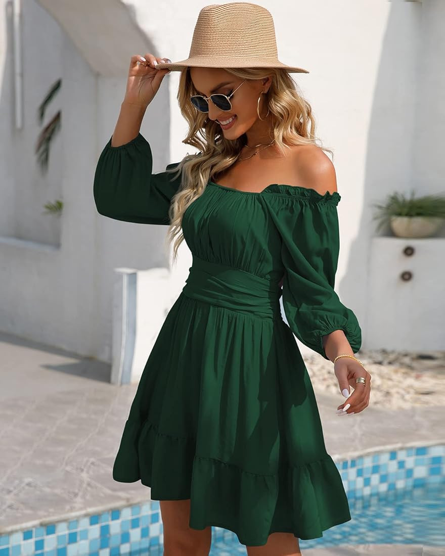 Phortric Womens Tie Back Summer Dress Square Neck Long Lantern Sleeve Off Shoulder A-Line Casual Min | Amazon (US)