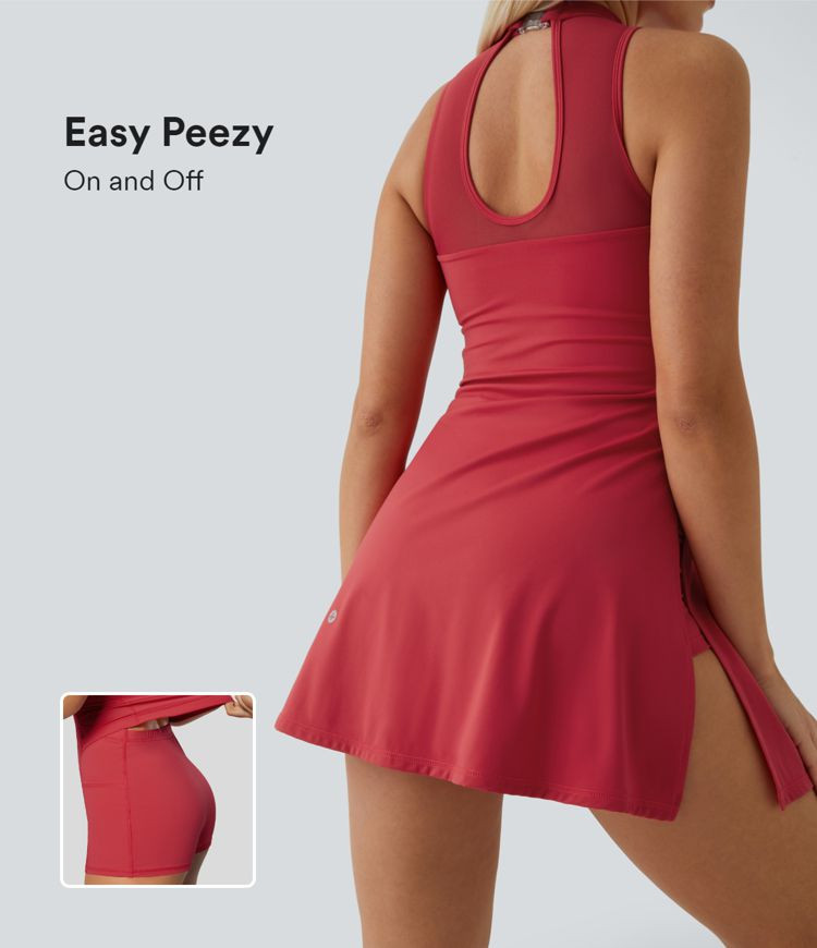 Contrast Mesh Buckle Backless Split 2-in-1 Side Pocket Dance Active Dress-Easy Peezy Edition | HALARA