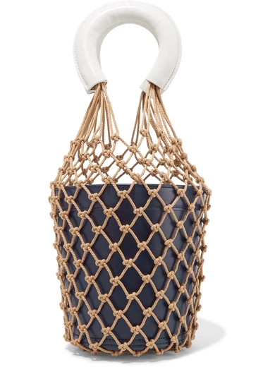 STAUD - Moreau Two-tone Macramé And Leather Bucket Bag - Midnight blue | NET-A-PORTER (US)