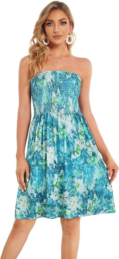 CHICGAL Summer Dresses for Women Beach Cover Ups Strapless Boho Floral Print Sundress | Amazon (US)