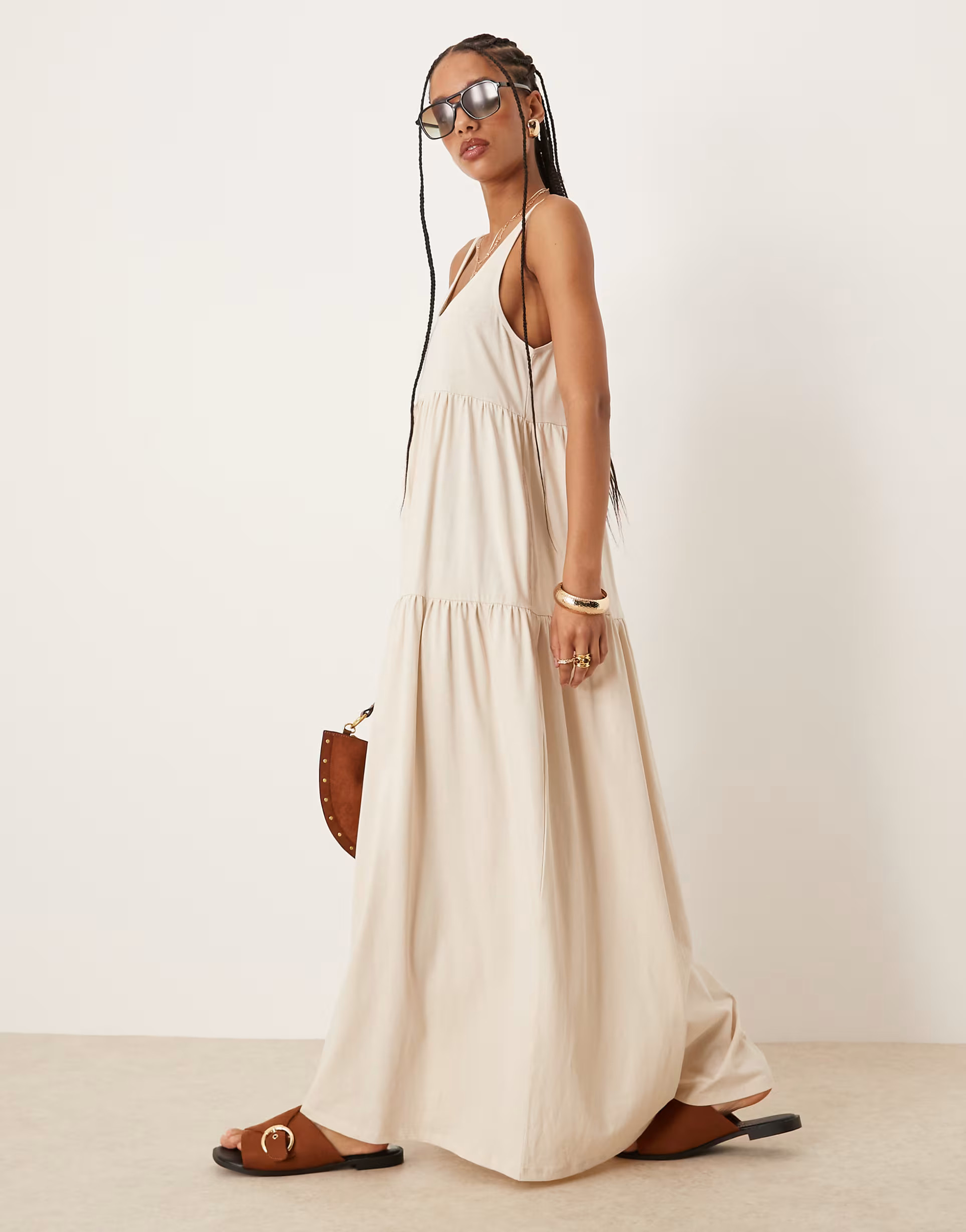 ASOS DESIGN scoop tiered trapeze maxi dress in cream | ASOS (Global)