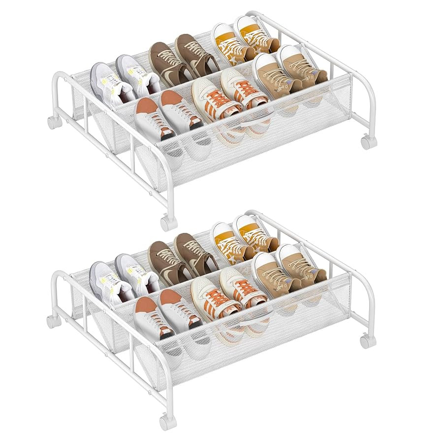 2 Tier Shoe Rack Underbed Organizer Storage Rack with Wheels Woven Mesh Cloth Shoe Organizer Draw... | Amazon (US)