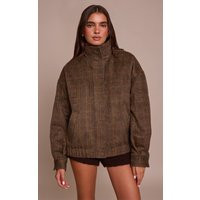 Brown Checked Funnel Neck Bomber Jacket | PrettyLittleThing UK
