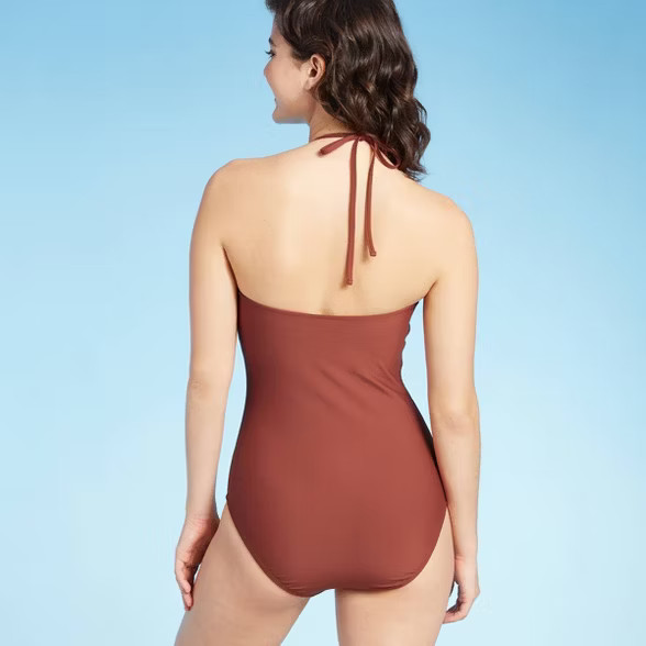 Women's Crochet Halter One Piece Swimsuit - Sea Angel Copper | Target