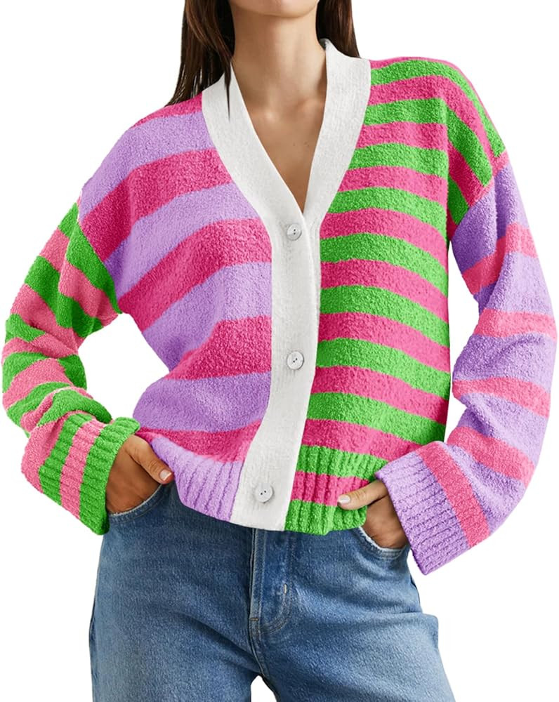 Saodimallsu Womens Striped Cardigan Sweaters V Neck Open Front Button Up Color Block Fuzzy Loose ... | Amazon (US)
