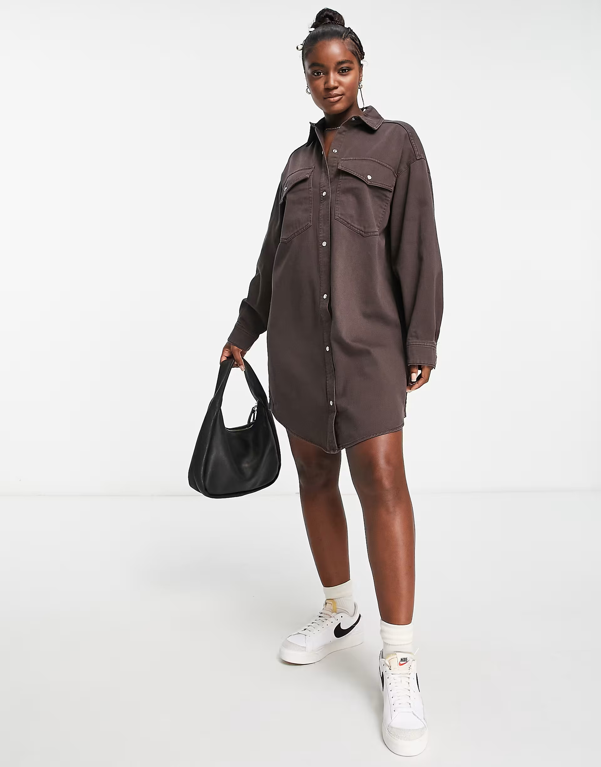 Monki denim mini shirt dress in brown | ASOS (Global)