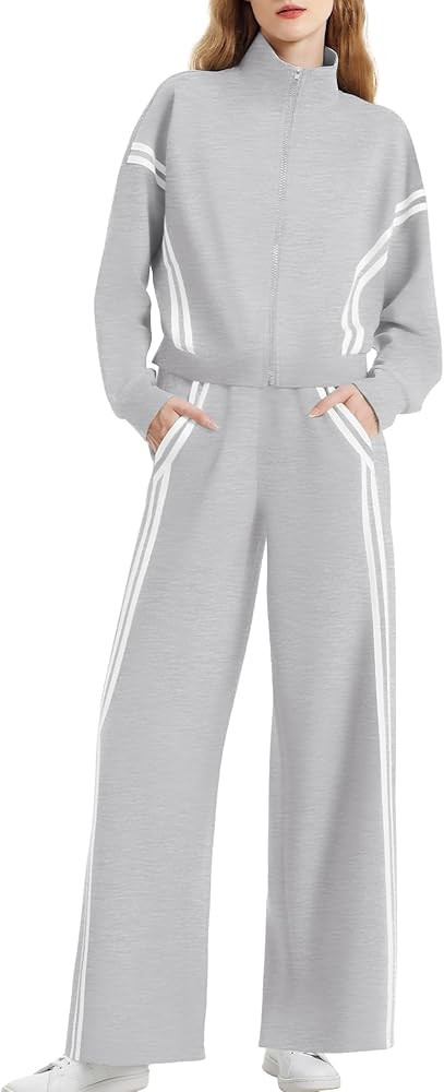 Casly Lamiit Women's 2 Piece Lounge Outfits Zip Up Sweat Set Contrast Striped Wide Leg Jogging Pa... | Amazon (US)