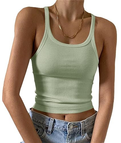 Artfish Women's Sleeveless Tank Top Form Fitting Scoop Neck Ribbed Knit Basic Cami Shirts Mint Green, M | Amazon (US)