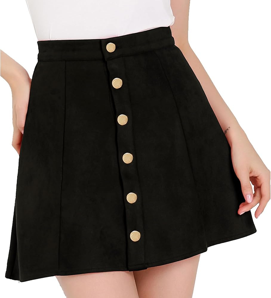 Allegra K Women's Faux Suede Button A-Line High Waisted Christmas Flared Mini Short Skirt | Amazon (US)