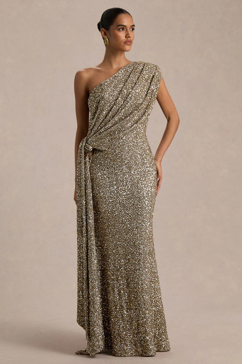 Liori  Champagne Sequin Asymmetric-Neck Maxi Dress With Sash | Club L London