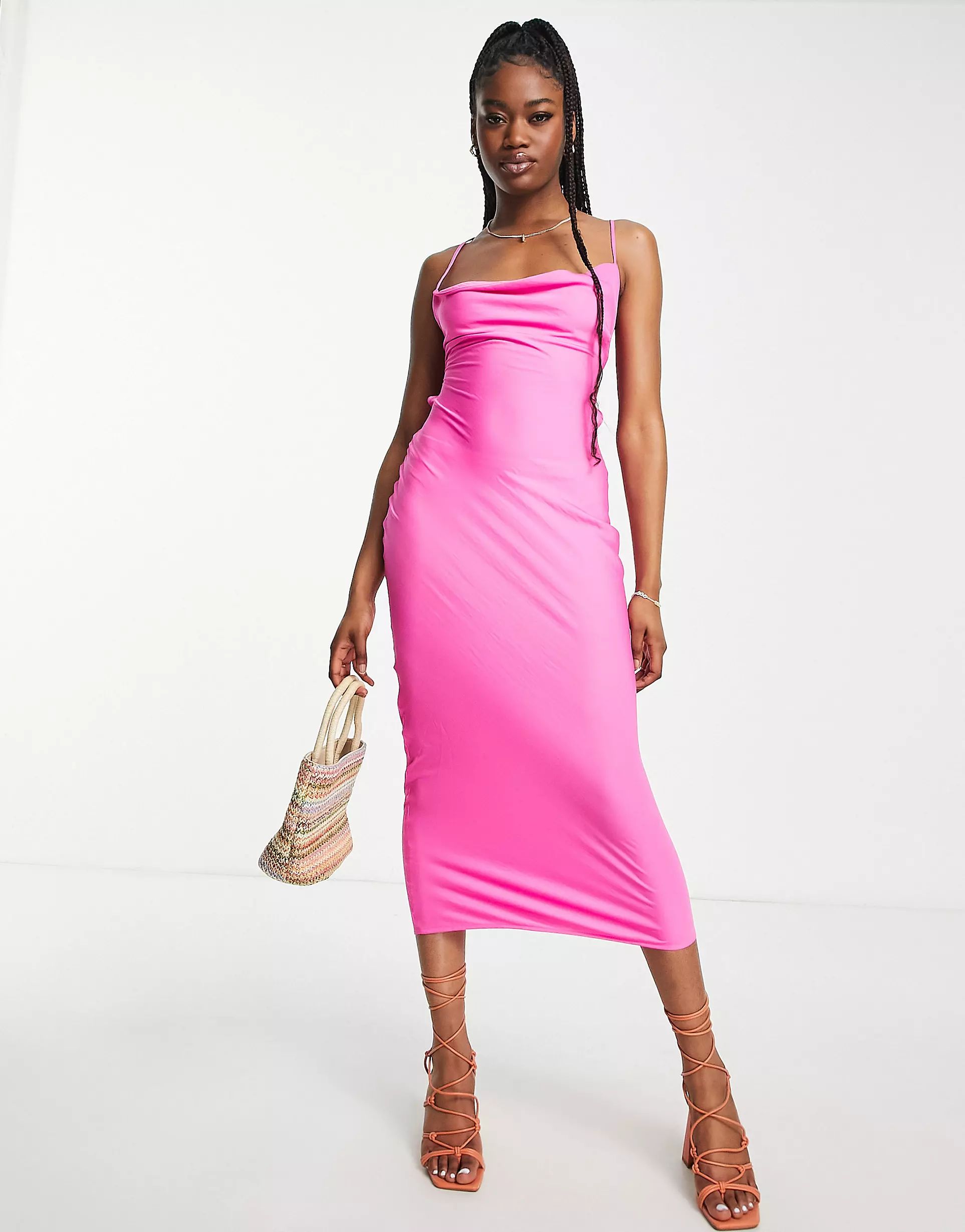 In The Style Exclusive satin cowl neck midi dress in pink | ASOS (Global)
