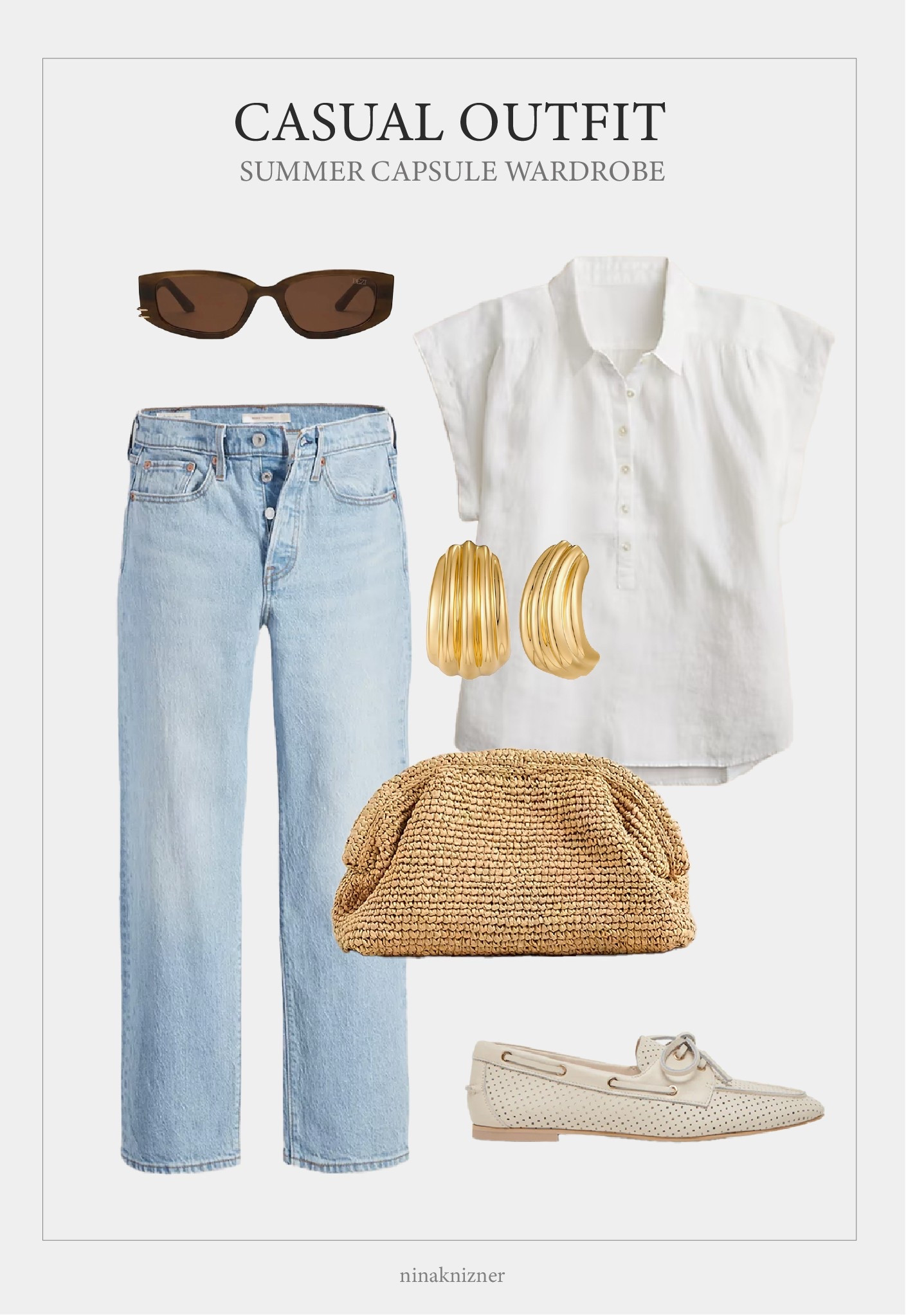 Casual summer outfit.

Light denim paired with a linen top, straw purse, and boat shoes. Accessorized with a gold earrings, and brown sunglasses.


#summeroutfit
#capsulewardrobe #modernluxe #quietluxury #neutraloutfits

#LTKSeasonal #LTKStyleTip #LTKTravel