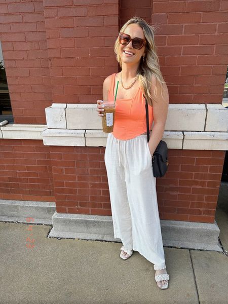 Summer outfit idea from amazon / linen pants, cropped top, gold chain necklace, gold earrings, sunglasses and braided sandals! Everything but the sandals are amazon fashion finds #summeroutfit #casualstyle #linenpant 

#LTKunder50 #LTKshoecrush #LTKstyletip