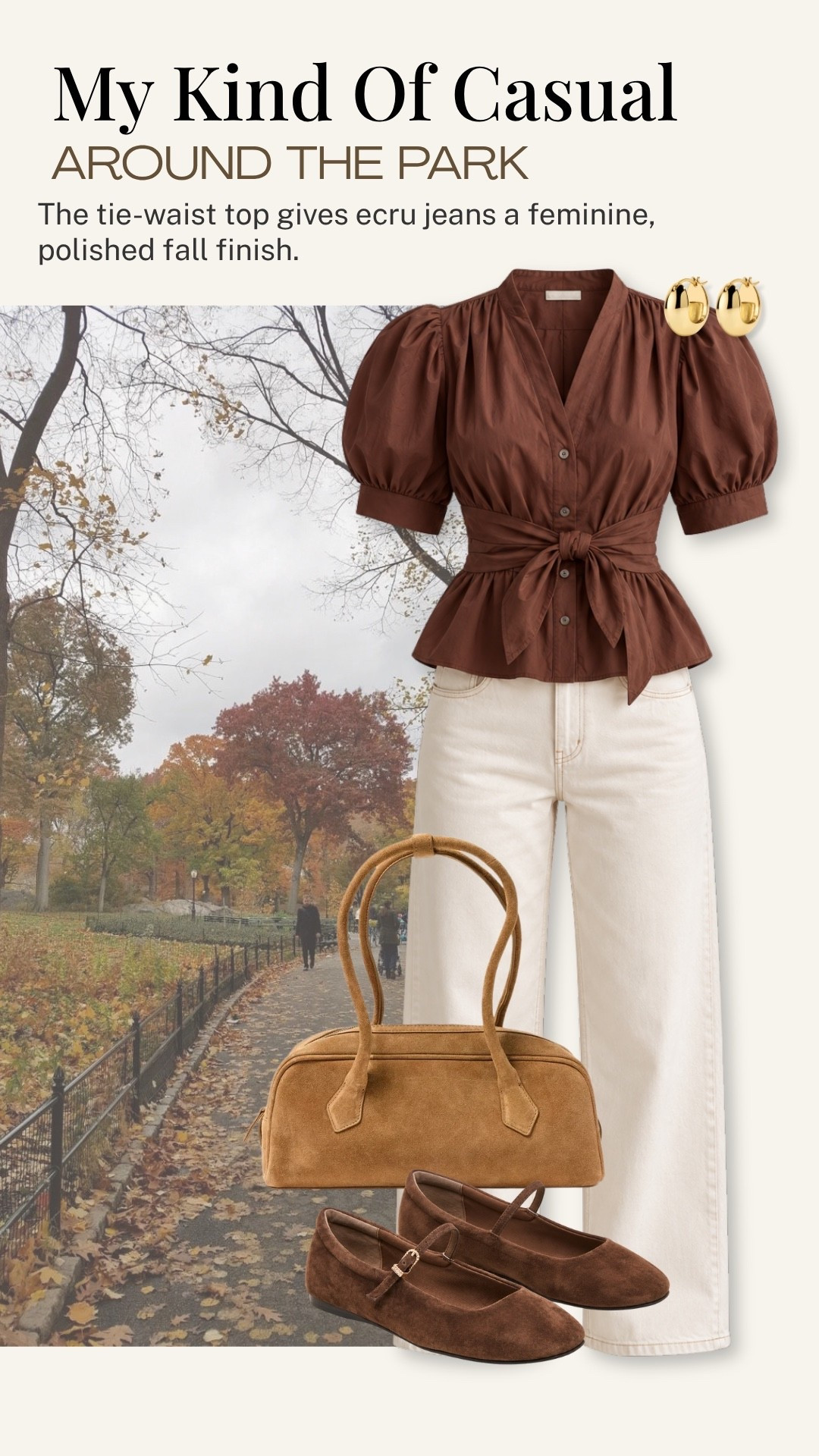 This tie-waist top is such a lovely way to dress up a pair of classic ecru jeans for fall. The rich brown color, feminine shape, and suede accessories make this an easy outfit for a park walk, lunch, or a casual day out.

#LTKootd #LTKdayinmylife #LTKOver40