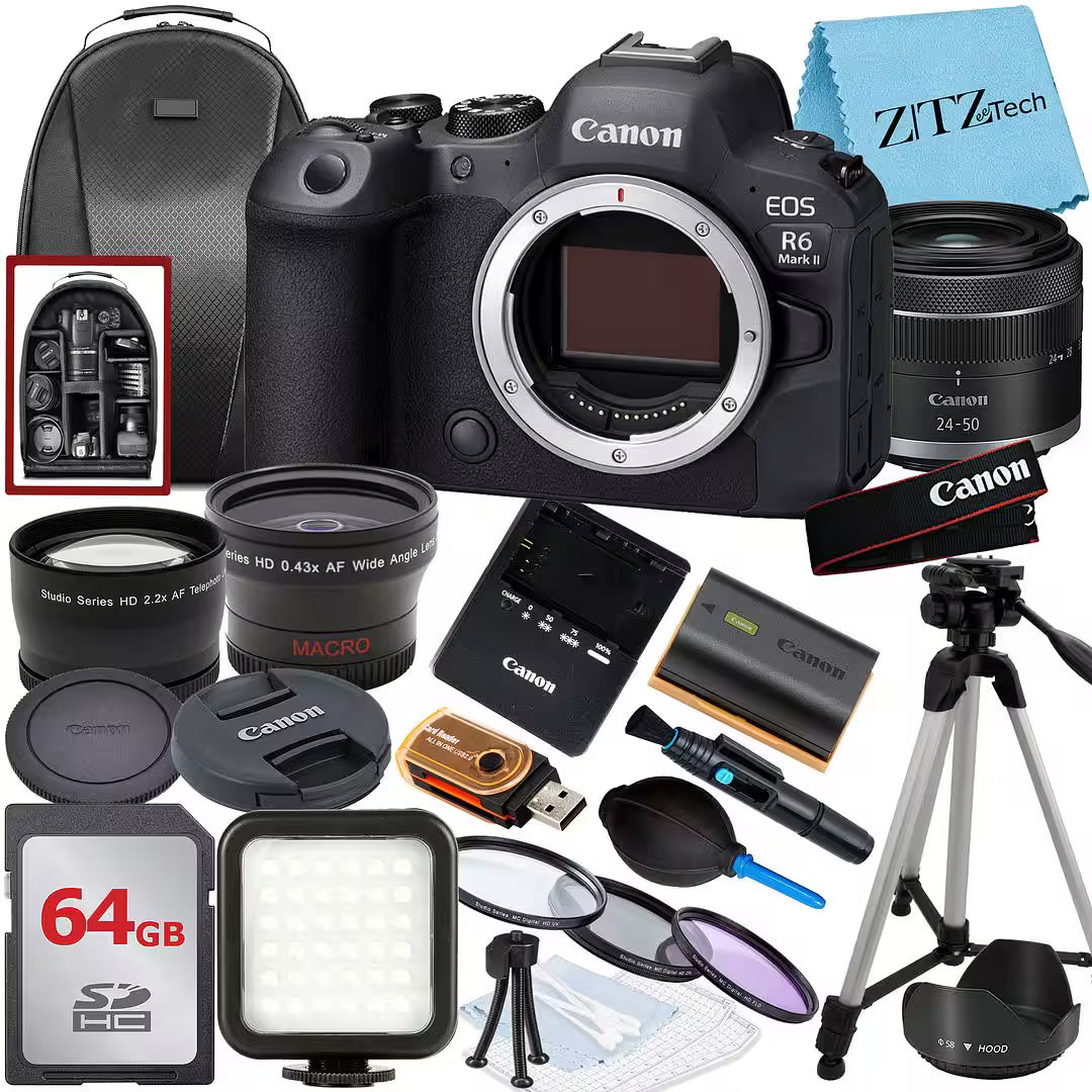 Canon - EOS R6 Mark II Mirrorless Camera with 24-50 Lens + 64GB Card + Flash + ZeeTech Bundle (International Version) - Black | Best Buy U.S.