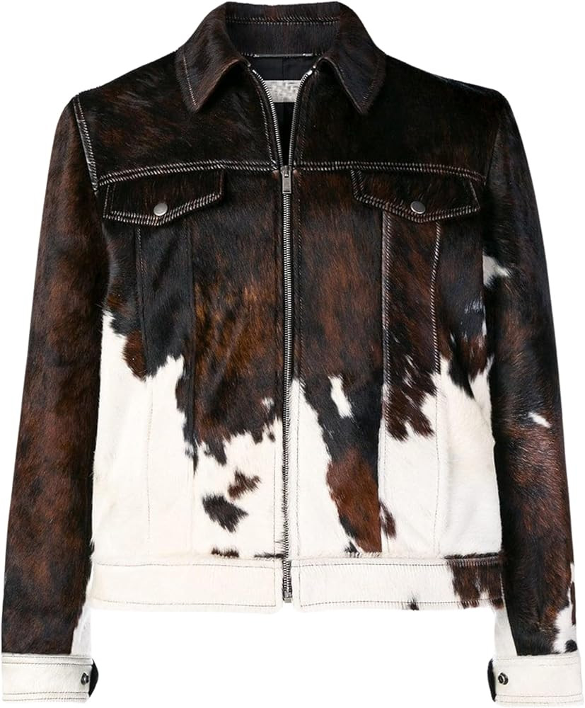Men's Real Cow Hair on Leather Jacket, Cow Skin Print Pony Skin Coat, Casual | Amazon (US)