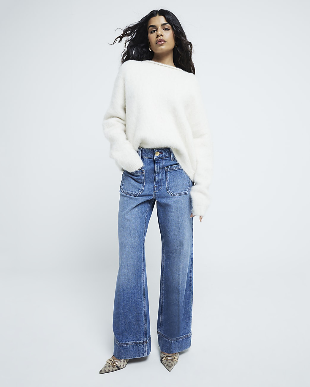 Petite Blue High waisted pocket wide leg jean | River Island UK & IE