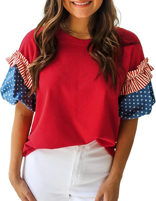 Women's Stars and Stripes Blouses Short Puff Sleeve Round Neck Dressy Shirt | Amazon (US)