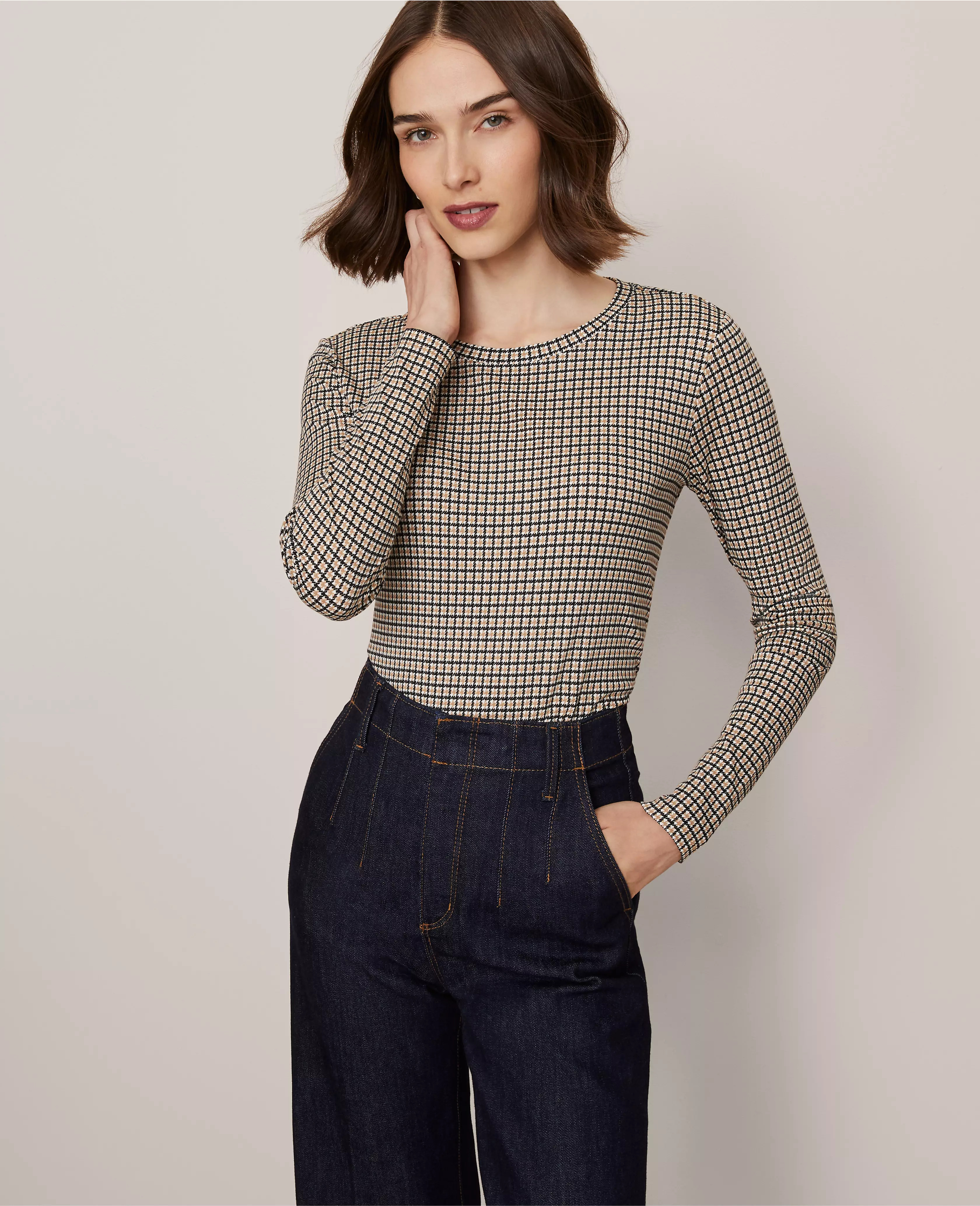 Petite Houndstooth Crew Neck Top | Ann Taylor