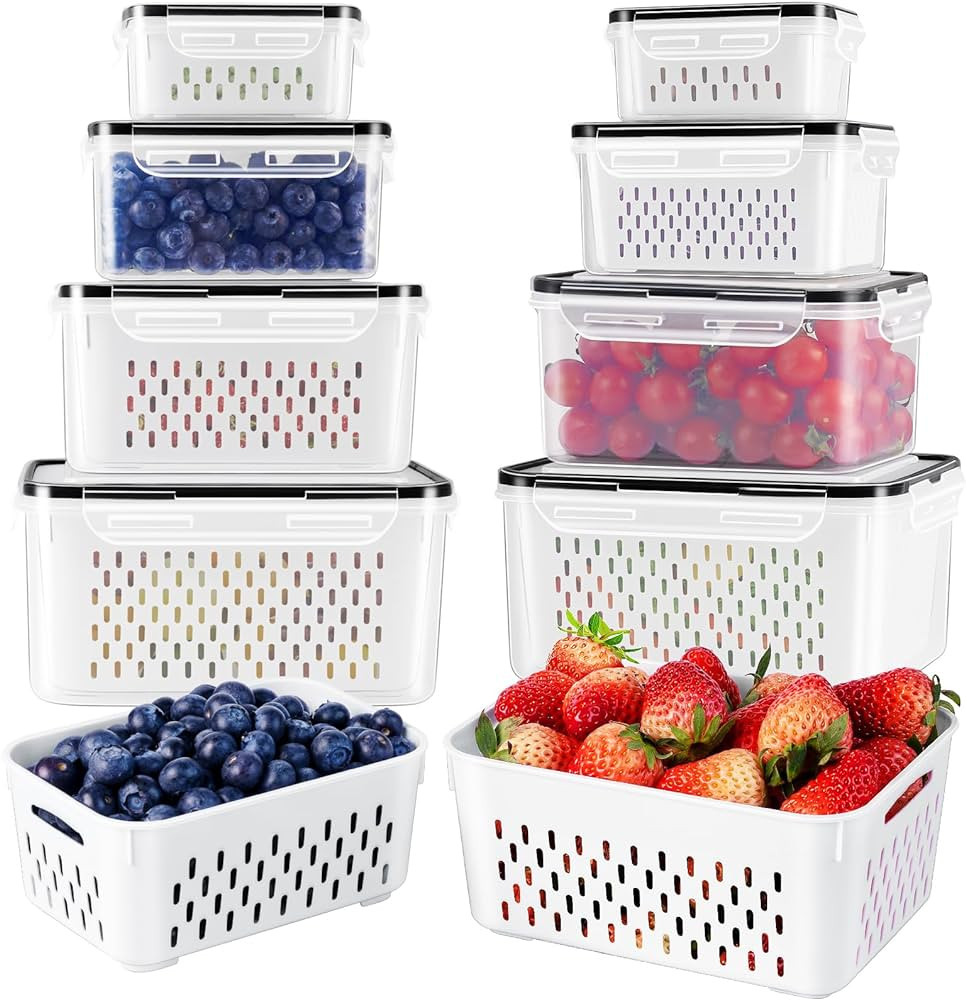 4 PCS Fruit Storage Containers for Fridge with Removable Colander, Airtight Food Storage Containe... | Amazon (US)
