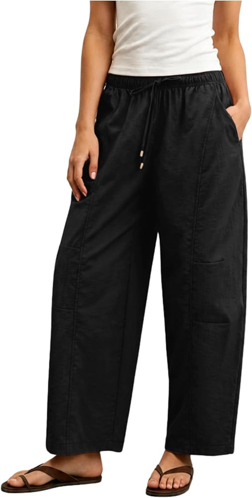 Lviefent Womens Barrel Pants Casual Drawstring Elastic Waist Crop Wide Leg Parachute Pants with P... | Amazon (US)