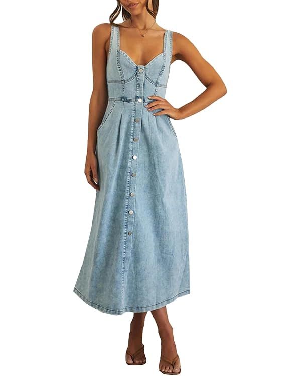 Women's Sexy Strap Maxi Denim Dress Summer Sleeveless Halter Bodycon Maxi Dresses | Amazon (US)