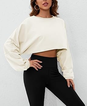Meladyan Women Long Sleeve Crewneck Crop Top Tee Shirt Sweatshirt Casual Solid Loose Fit Workout ... | Amazon (US)