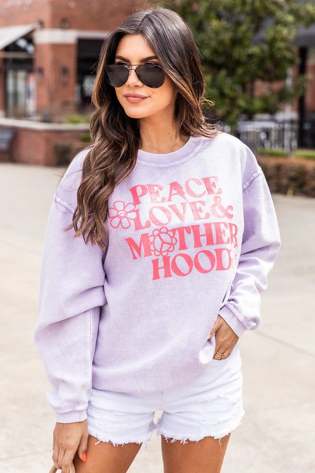 Peace Love and Motherhood Lilac Corded Graphic Sweatshirt | Pink Lily