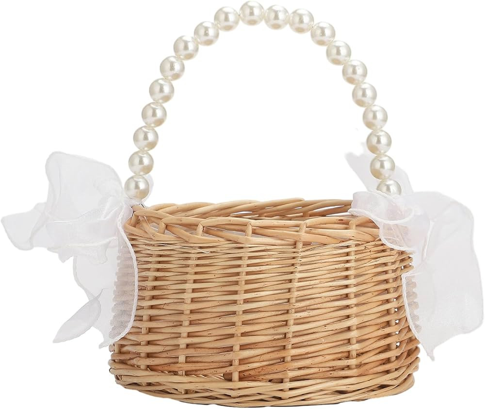 Wicker Rattan Flower Girl Basket Rustic Wedding Flower Girl Basket with Pearl Handle Small Flower... | Amazon (US)