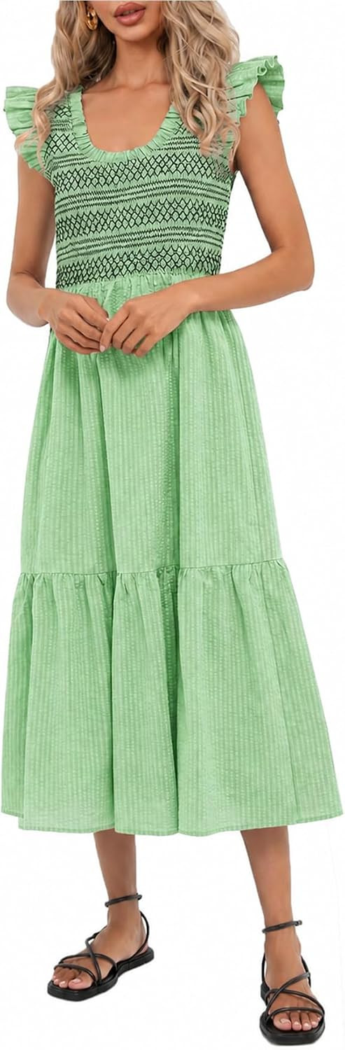 YEXPINE Women's Smocked Midi Dress Ruffle Sleeve Seersucker Casual Dresses | Amazon (US)