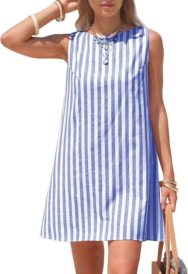 EXLURA Women Summer 100% Cotton Faux Linen Dresses Sleeveless Striped A-Line Mini Sundress Beach ... | Amazon (US)