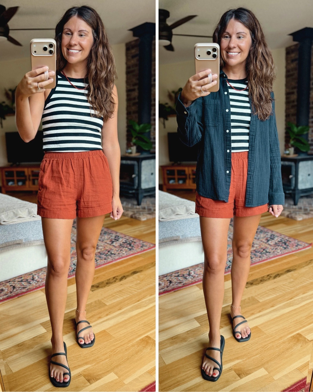 xs in my tank (has a built in bra!), xs in my black gauze cotton button down, and xxs in my linen shorts. My croc sandals are size 6.

#LTKSeasonal #LTKPetite #LTKgrwm