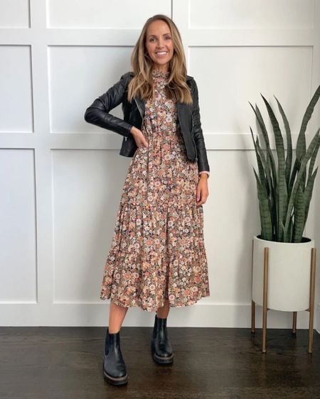 Floral dress and leather jacket with boots for spring look 

#LTKunder50 #LTKSeasonal
