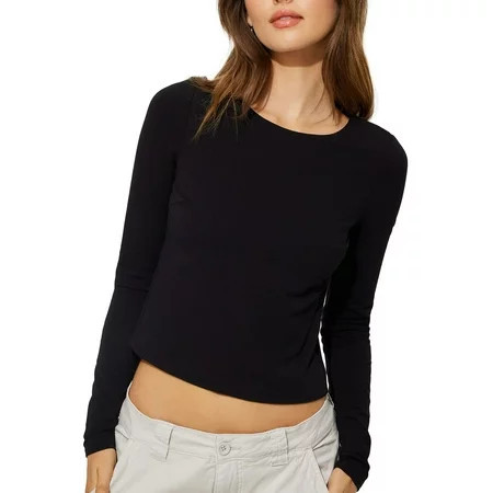 Suanret Women Long Sleeve T-shirt Crew Neck Backless Solid Slim Fit Ladies Tops Streetwear Clubwear Black XL | Walmart (US)